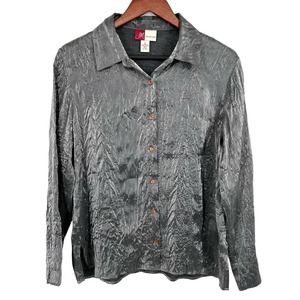 JM Collection Womens Size 8 Crinkle Silver Metallic Blouse Shirt Top Long Sleeve